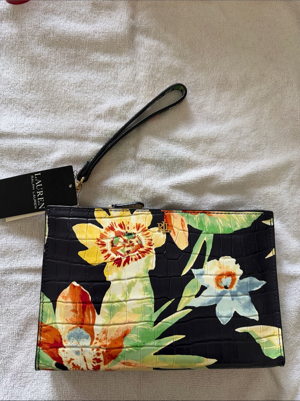 Ralph Lauren Black Floral Wristlet Clutch with Multicolor Blooms